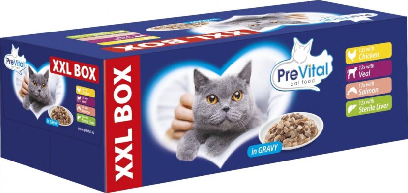 PREVITAL XXL Box – S kuracím, teľacím, lososom a pečeňou v omáčke 48x100g