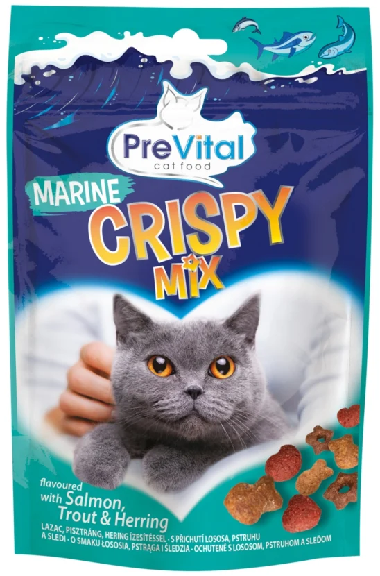 PreVital Crispy Mix Maškrty pre mačky s lososom, pstruhom a sleďom 60 g